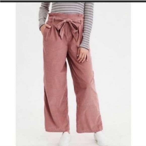 American Eagle Pink Corduroy Paperbag Wide Leg Pants Size M - Picture 1 of 12